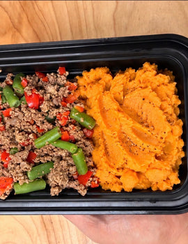 Toddler Meal 2: Ground Beef with mixed veggies and mashed sweet potato