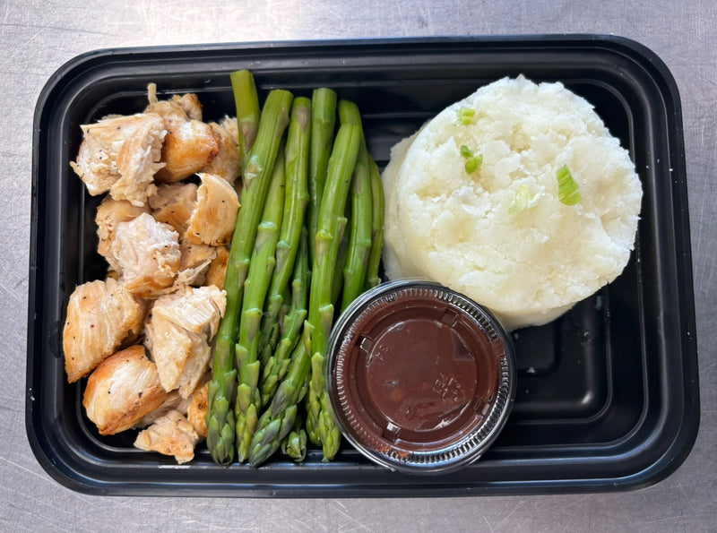 Meal 1: General TSO Chicken with mashed regular potatoes and Asparagus