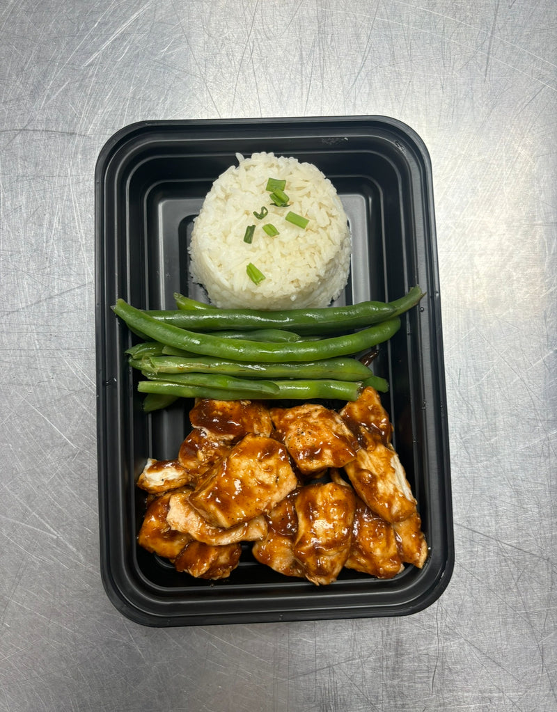 Meal 1: General TSO chicken with green beans and brown rice