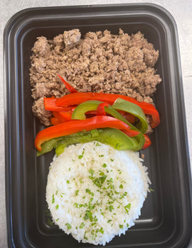 Meal 1: Lean ground beef with jasmine rice and Sauteed peppers