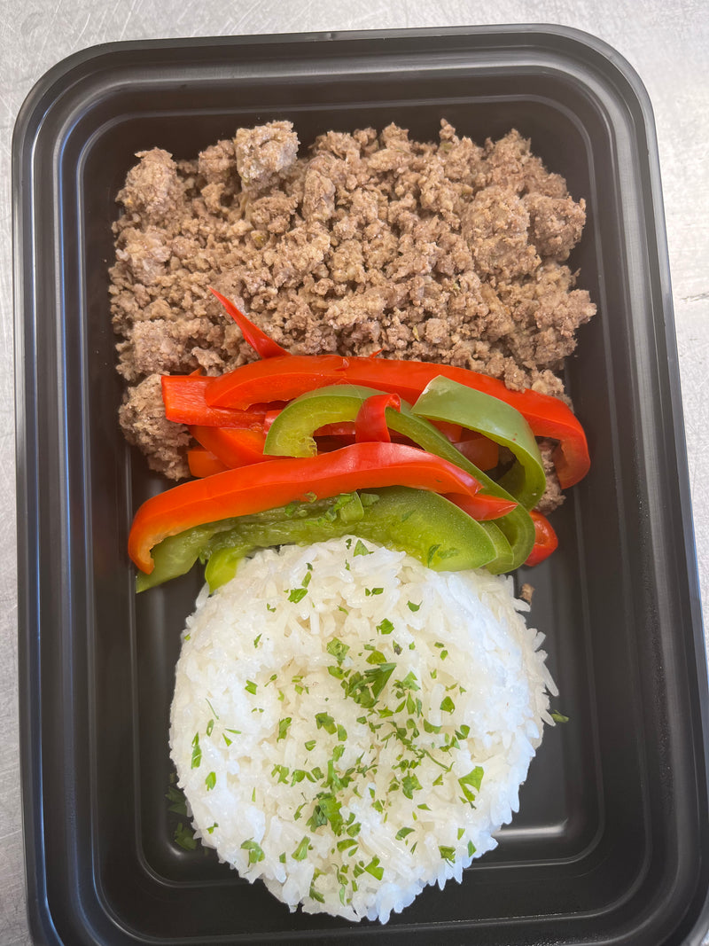 Meal 1: Lean ground beef with jasmine rice and Sauteed peppers