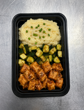 Meal 2: Honey garlic BBQ chicken with mashed potato and diced zucchini