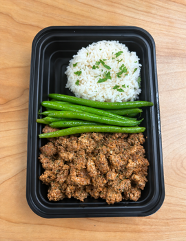 Meal 1: Lean ground beef with Jasmine rice and Green beans