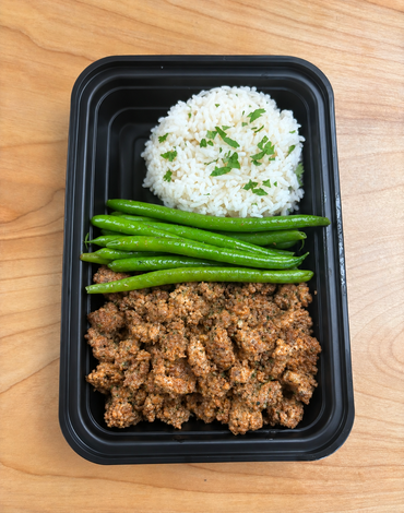 Meal 1: Lean ground beef with Jasmine rice and Green beans