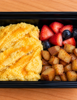 Toddler breakfast meal 1: Egg and cheese Omelette with fruit and soft diced potato
