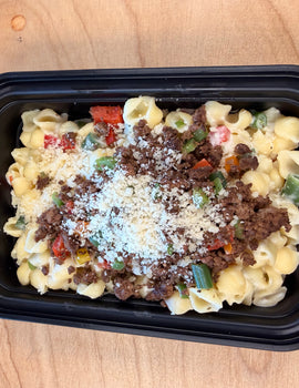 Toddler meal 3: ground beef & Creamy alfredo Veggie Shell pasta