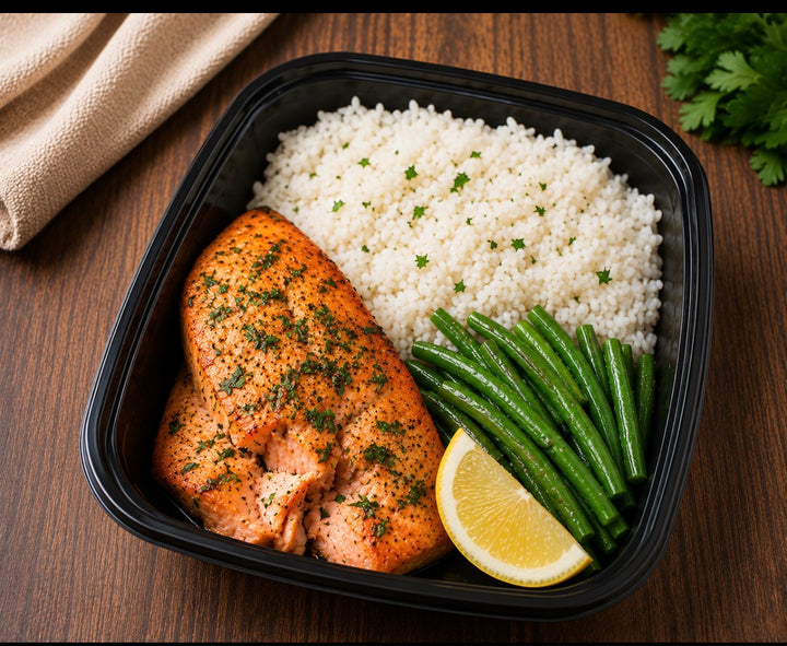 Teriyaki Honey Glazed Salmon with jasmine rice and green beans