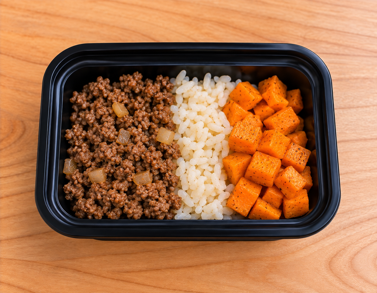 Toddler Meal 2: Ground Beef with rice and soft diced sweet potato
