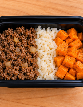 Toddler Meal 2: Ground Beef with rice and soft diced sweet potato