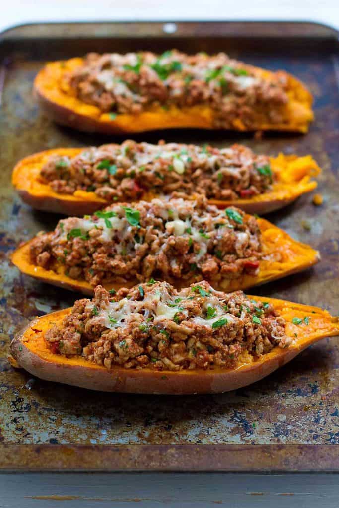 Cheesy Ground Turkey Stuffed Sweet Potato