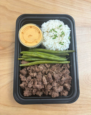 Meal 1: Lean ground beef with jasmine rice & green beans